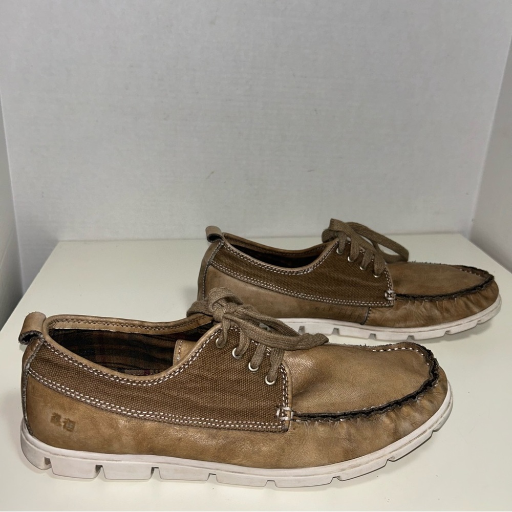 Bed Stu Tan Leather Canvas Moc Toe Lace-Up Oxford Shoe